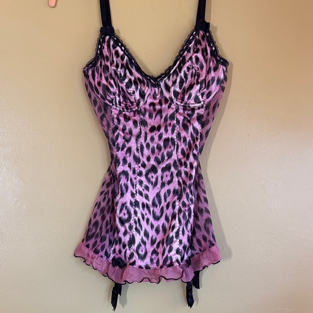 Victoria's Secret Pink and Black Leopard Corset Bustier Chemise with ruffles 36B